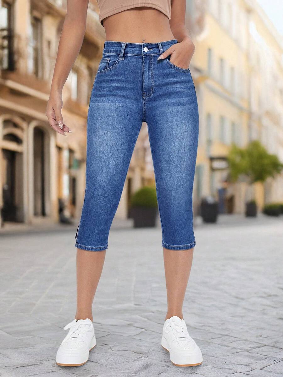 女士常规尺码中号水洗蓝色高腰弹力修身七分牛仔裤侧开衩提臀夏季休闲裤