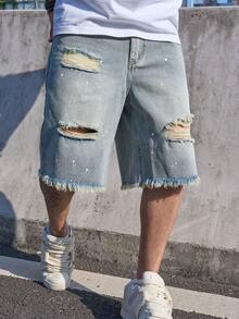 Pantalones cortos de mezclilla desgastados y con borde crudo para hombres, corte casual y holgado hasta la rodilla, de moda para el verano - Azul menta - Ver 3
