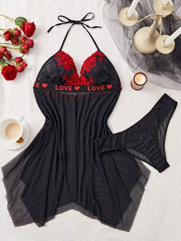 Valentine's Day Elegant Women's Lingerie Set - Sexy Black Mesh Dress With Red Floral Embroidery And "LOVE" Detail, Includes Matching G-String, Soft Polyester/Nylon Blend, Semi-Sheer