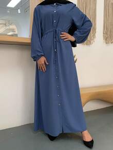 Women's Fashion Lapel Solid Color Long Sleeve Dress, Loose Long Dress - Blue - View 6