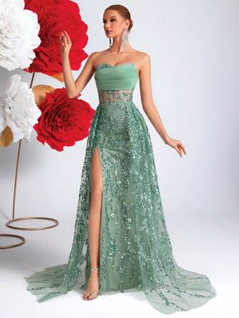 ADYCE 女士优雅珍珠刺绣无肩带镂空长款缎带开衩露背连衣裙，适合舞会、生日派对、晚宴、返校节、婚礼宾客、正式晚宴、家庭聚会等场合。