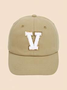 1Pc Toddler Kids Baseball Cap 1-5Y - Khaki Solid Adjustable Hat With A-Z Sequin Embroidered Letter Patches, Classic Brim Sun Protection Cap For All Seasons Daily Outdoor - Khaki - View 45