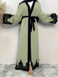 女士撞色长袖拼接蕾丝优雅阿拉伯长袍，端庄长袍 - 橄欖綠 - 查看 5