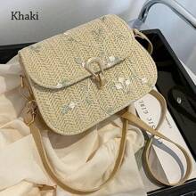 Fashion Flower Woven Saddle Bag Women Cute Straw Shoulder Bags Casual Handbag Ladies Lace Embroidery Crossbody Bags