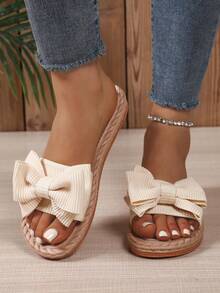 Damen Schleifen Sommer Strand Sandalen, weiche Sohle modische vielseitige rutschfeste Zehentrenner - Beige - Übersicht 4