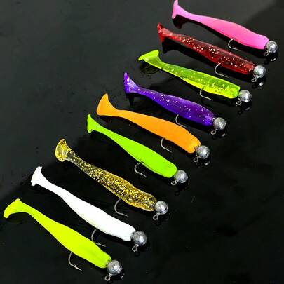 Set de 55 señuelos de pesca, que incluye anzuelos con cabeza de plomo, cebos blandos con cola en T, gusanos blandos, adecuados para black bass, lucio, equipo de pesca