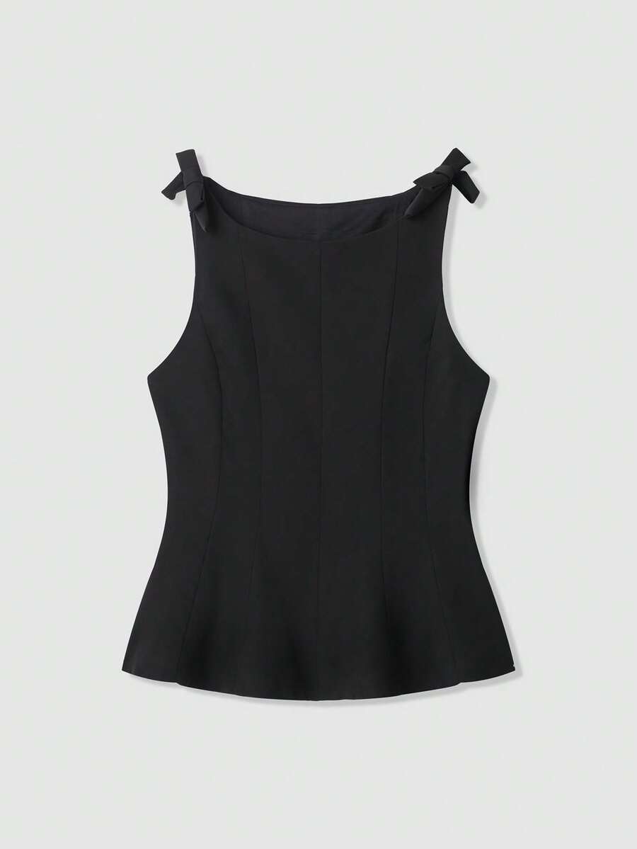 Elegant Solid Color Bow Decor Waist Tank Top - Black - View 1