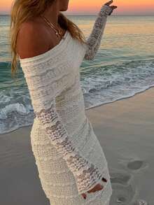 1 Pc Off Shoulder Long Sleeve Form-Fitting Sexy Minimalist Sexy Mini Dress - Apricot - View 6