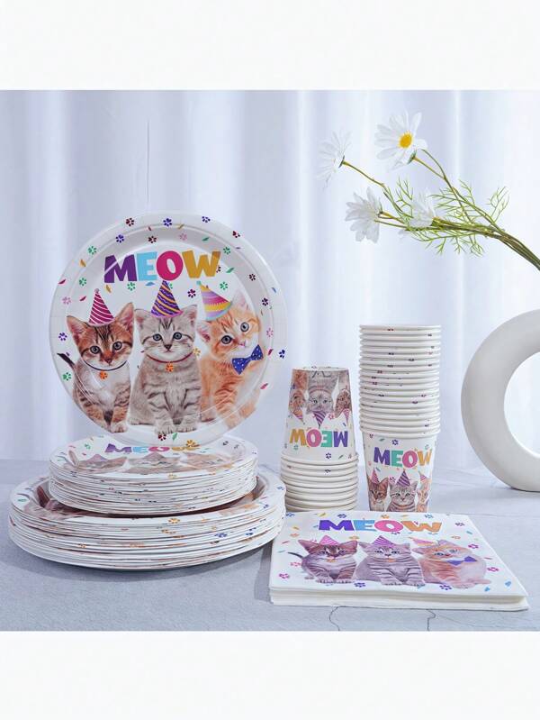 Conjunto de 68 peças, talheres descartáveis, três copos de papel descartáveis com tema de gato, copos de papel de 7 polegadas, copos de papel de 9 polegadas, lenços de papel, copos de papel, pratos, bandejas de festa, materiais, adequados para festas de aniversário, chá da tarde, casamentos, chás de panela, recepções, festas, piqueniques, aniversários de animais de estimação, acampamentos, churrascos e outras decorações de Natal.