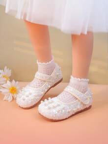 Spring/Summer New Kids Girls Shoes Hook & Loop Pearl Flats Round Toe Children Princess Shoes Fashion Solid Color Ballet Toddler Baby Middle Size Shoes - Beige - View 2