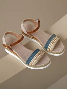 女士夏季休闲波西米亚风编织鞋，百搭网纱裙，舒适平底坡跟凉鞋，旅行必备 - 彩色 - 查看 4