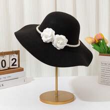 قبعة حجر واسعة الحافة مزينة بالأزهار واللؤلؤ للنساء، أنيقة للزفاف والاستخدام اليومي وأوقات قضاء العطلات