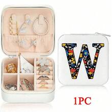 صندوق مجوهرات من الجلد الصناعي مزخرف بزهور مع 26 حرفًا، مناسب كهدية، مزود بأجزاء قابلة للإزالة وحجم محمول