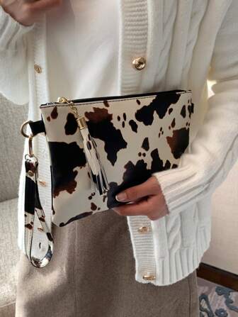 New Fashion High-Capacity High-End Korean Casual Minimalist Lightweight Versatile Retro PU Envelope Clutch Handbag, Leopard & Cow Print, Suitable For Travel, Shopping, Date, Women's Gift, Fit For Young, College, Office, Business, Commute, Outdoor, Travel
