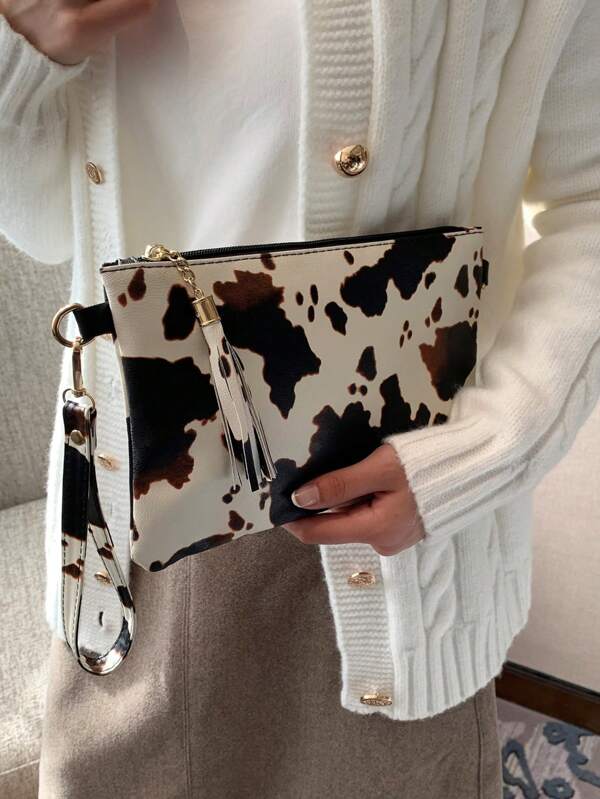 New Fashion High-Capacity High-End Korean Casual Minimalist Lightweight Versatile Retro PU Envelope Clutch Handbag, Leopard & Cow Print, Suitable For Travel, Shopping, Date, Women's Gift, Fit For Young, College, Office, Business, Commute, Outdoor, Travel