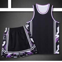 2 件个性化男子篮球球衣 - 定制姓名、号码和图片印花背心 + 短裤运动套装，适合团队穿着春夏季 - 黑色 - 查看 2