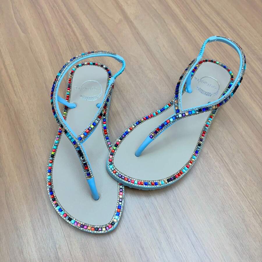 Women's Luxury Rhinestone Flat Sandal Art Griffe Paris Christmas New Year's Eve - 藍色/ 象牙色 - 查看 1