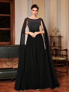 优雅手工长款派对舞会礼服，女士正式晚礼服，婚礼宾客礼服 - 黑色 - 查看 5