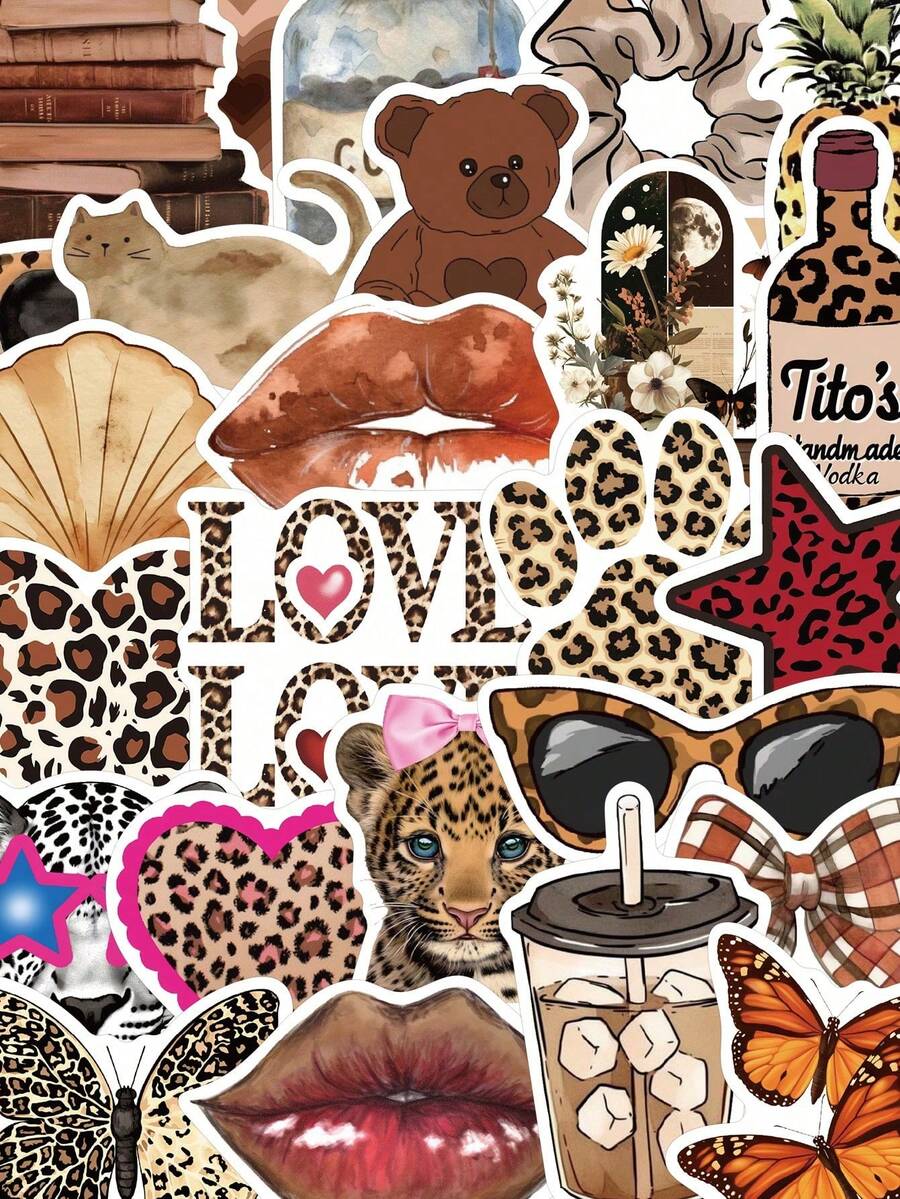 50pcs Fashion Girl Leopard Print Graffiti Sticker, Personal DIY Decor For Scrapbook, Diary, Phone Case, Notebook, Computer, Water Bottle, Waterproof Sticker,School Supplies,Back To School - Multicolor - View 1