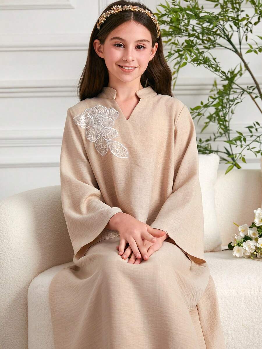 Tween Girl Abaya, Fashion Embroidered Solid Color Long Dress - Apricot - View 1