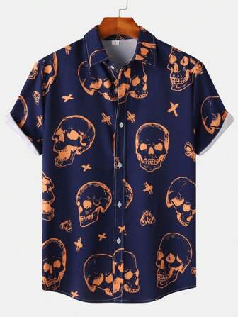 Men's Printed Short Sleeve Shirt, Casual Holiday Short Sleeve Shirt For Men