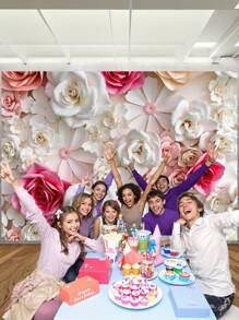 1pc 3D Pink And White Paper Flowers Wall Photography Backdrops Floral Roses Party Banner 59.1*39.4/82.7*59.1/106.3*70.9 Inches Newborn Shower Bridal Wedding Birthday Anniversary Photo Background Indoor Outdoor Romantic Decoration Supplies