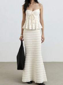 New Summer Sweet Camisole Top And High Waist Mermaid Skirt Set, Suitable For Vacation & Dating - Beige - View 2