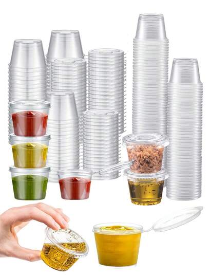 50 个带盖迷你一次性酱汁杯 - 透明分量控制容器，用于调味品、沙拉酱、果酱、餐食准备 - 非常适合家庭、餐厅和野餐