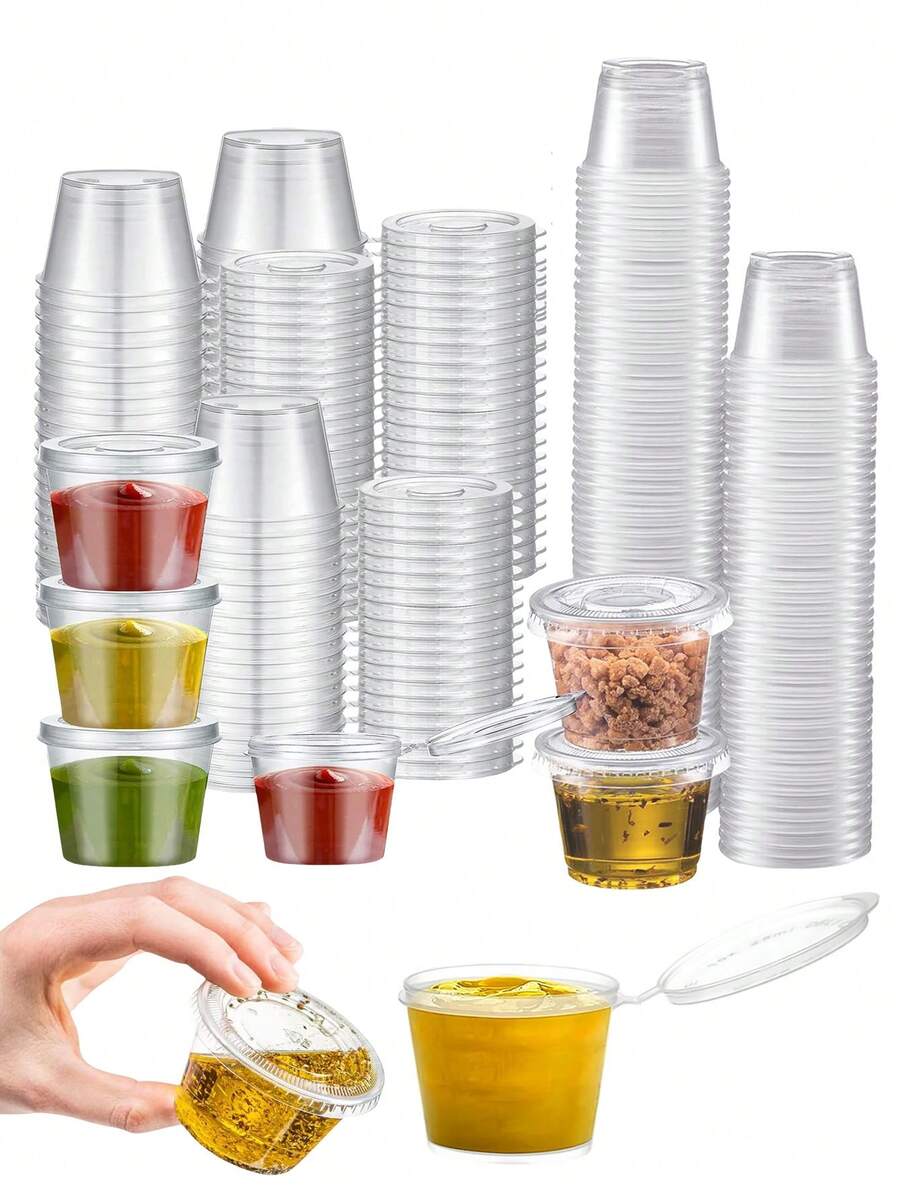 50 个带盖迷你一次性酱汁杯 - 透明分量控制容器，用于调味品、沙拉酱、果酱、餐食准备 - 非常适合家庭、餐厅和野餐 - 彩色 - 查看 1