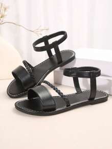 Plus Size Women Woven Open Toe Comfy Slip-On Flat Leather Slippers/Sandals, Casual Stylish Outdoor Beach Shoes, Summer