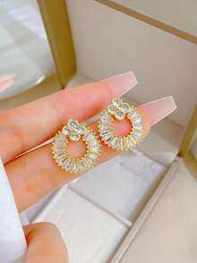 1 套不锈钢链铜镶嵌项链和耳环套装，奢华立方体水钻个性化派对珠宝礼品配件 - 金色 - 查看 4