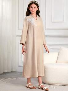 Tween Girl Abaya, Fashion Embroidered Solid Color Long Dress - Apricot - View 5