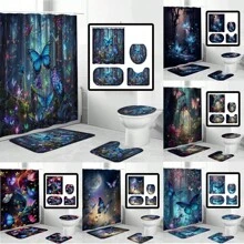 1/4 Pcs Butterfly Printed Bathroom Shower Curtain Set, Fashion Bathroom Decoration, Waterproof Fabric Shower Curtain Set With 12 Hooks, Anti-Slip Bathroom Mat, U-Shaped Toilet Seat Cover Bathroom Accessories