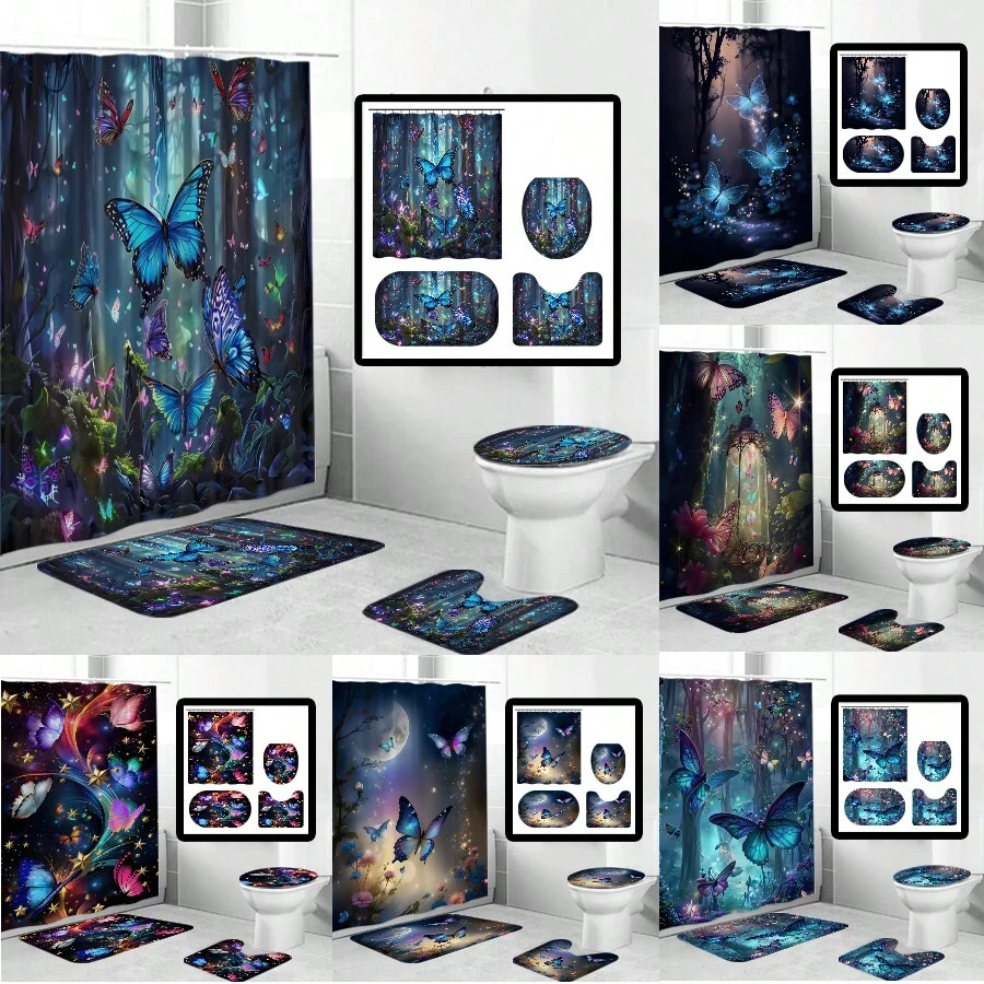 1/4 Pcs Butterfly Printed Bathroom Shower Curtain Set, Fashion Bathroom Decoration, Waterproof Fabric Shower Curtain Set With 12 Hooks, Anti-Slip Bathroom Mat, U-Shaped Toilet Seat Cover Bathroom Accessories