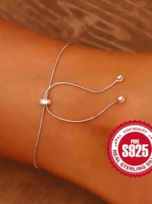 Tobillera ajustable de plata de ley 925 con cuentas, accesorio elegante y sencillo para mujeres, accesorio exquisito para vacaciones/uso diario
