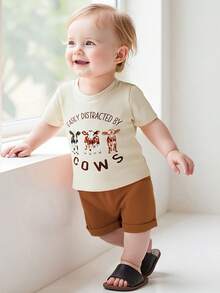 0M-3T Toddler Baby Boy Cow Outfit Letter Cattle Short Sleeve T-Shirt Solid Elastic Waist Shorts 2 Piece Summer Set - Khaki - View 4