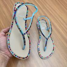 Women's Luxury Rhinestone Flat Sandal Art Griffe Paris Christmas New Year's Eve - 藍色/ 象牙色 - 查看 2