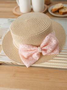 2pcs/Set Girl's Cute Ditsy Floral Bow Princess Sun Hat, Summer Shading Beach Hat Perfect For Daily & Outing