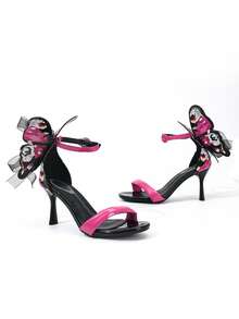 Rose Print Butterfly High Heel Sandals - Hot Pink - View 4