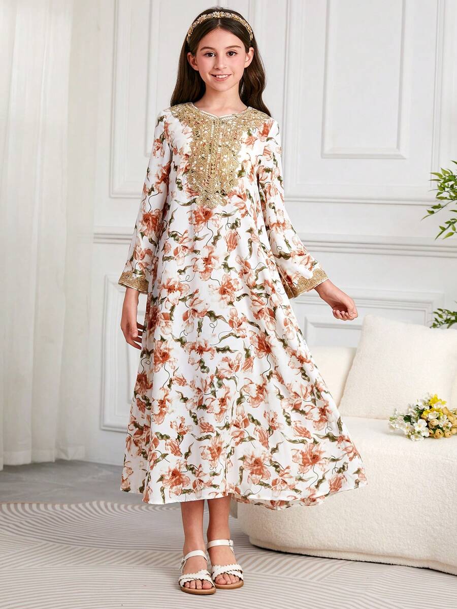 Tween Girl Southeast Asian Robe, Dubai Travel Floral Retro Printed Long Dress & Robe - Multicolor - View 1