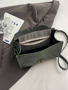 1pc PU Leather Embossed Pattern Fashionable Metal Lock Decor Tote Shoulder Bag, & Chic - Green - View 11