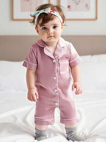 Infant Baby Girl Boy Silk Jumpsuit Pajamas Short Sleeve Button-Up Satin Pjs Footie Romper Pajama Nightgown - Hồng - Xem 1