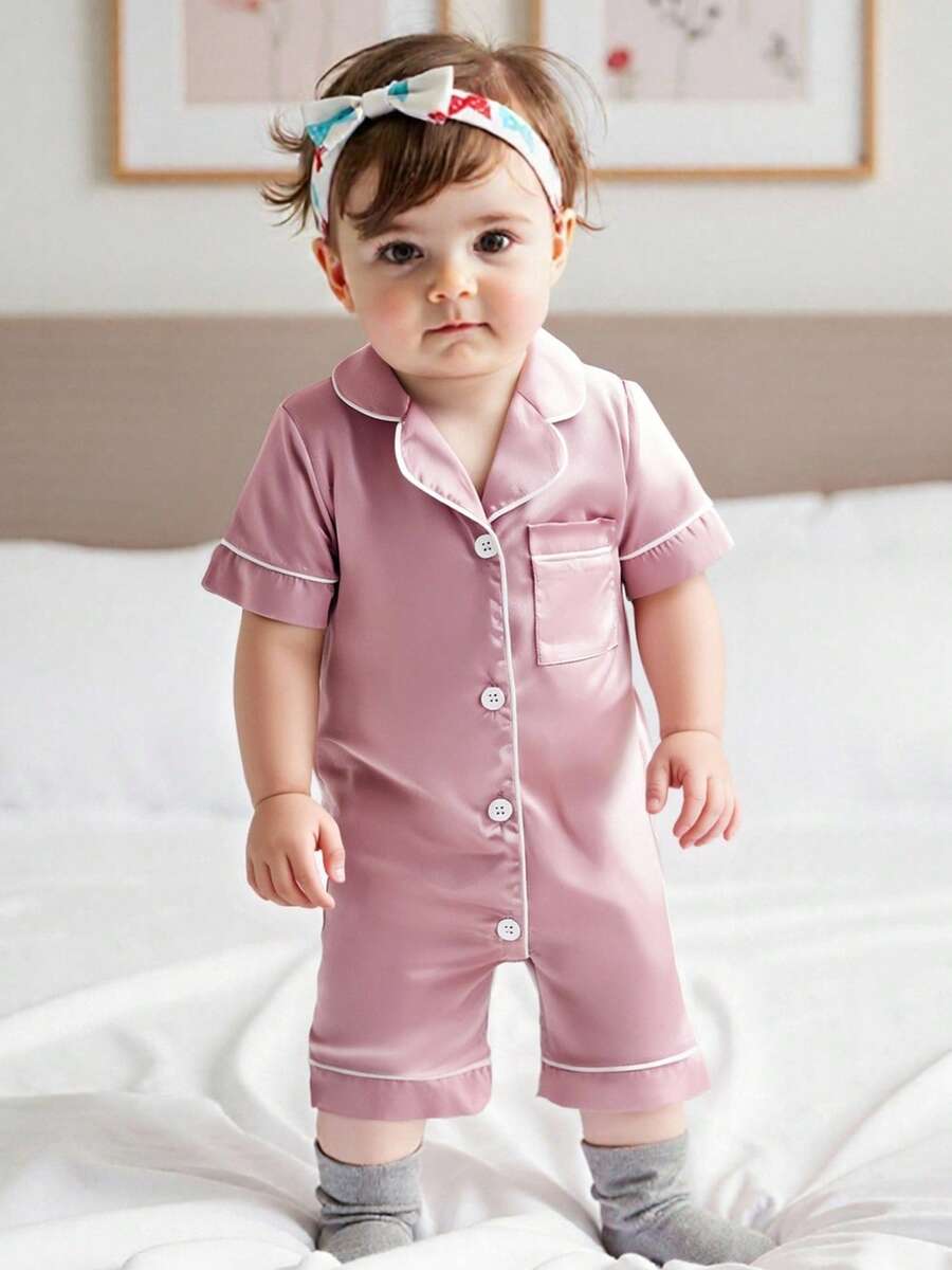 Infant Baby Girl Boy Silk Jumpsuit Pajamas Short Sleeve Button-Up Satin Pjs Footie Romper Pajama Nightgown - Hồng - Xem 1