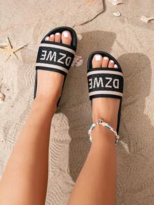 女士休闲时尚字母编织黑色厚底坡跟凉鞋，舒适适合户外和海滩穿着 - 黑色 - 查看 7