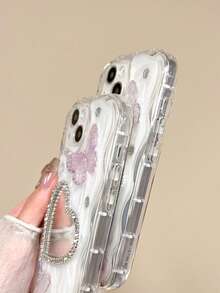 Hand-Made Milky White Resin Rhinestone Heart-Shaped Mirror Phone Case Compatible With IPhone 16 Pro Max, 16/15/14/13/12/11/Pro Max/Pro/Plus, 3D Butterfly & Crystal Precise Full Coverage Shockproof - [Milky White Butterfly Rhinestone Heart Mirror] Cream Edge - View 5