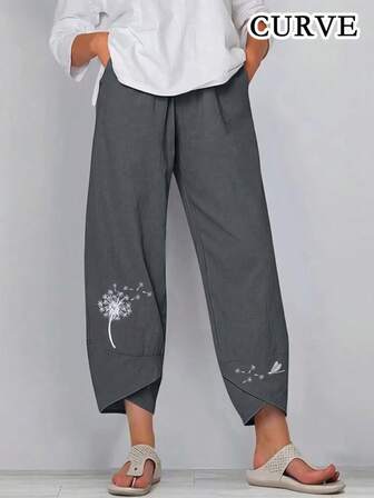 Plus Women's Print Elastic Waist Cropped Harem Pants With Pocket