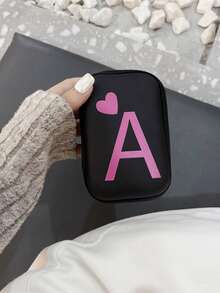 1 pieza Bolsa de almacenamiento de cable de datos con cremallera negra, bolsa organizadora con estampado UV de 26 letras mayúsculas de corazón en los patrones A/B/C/D/E/F/G/H/Y/J/K/L/M/N/O/P/Q/R/S/T/U/V/W/S/Y/Z para cables, cargadores, auriculares - Multicolor - Ver 4
