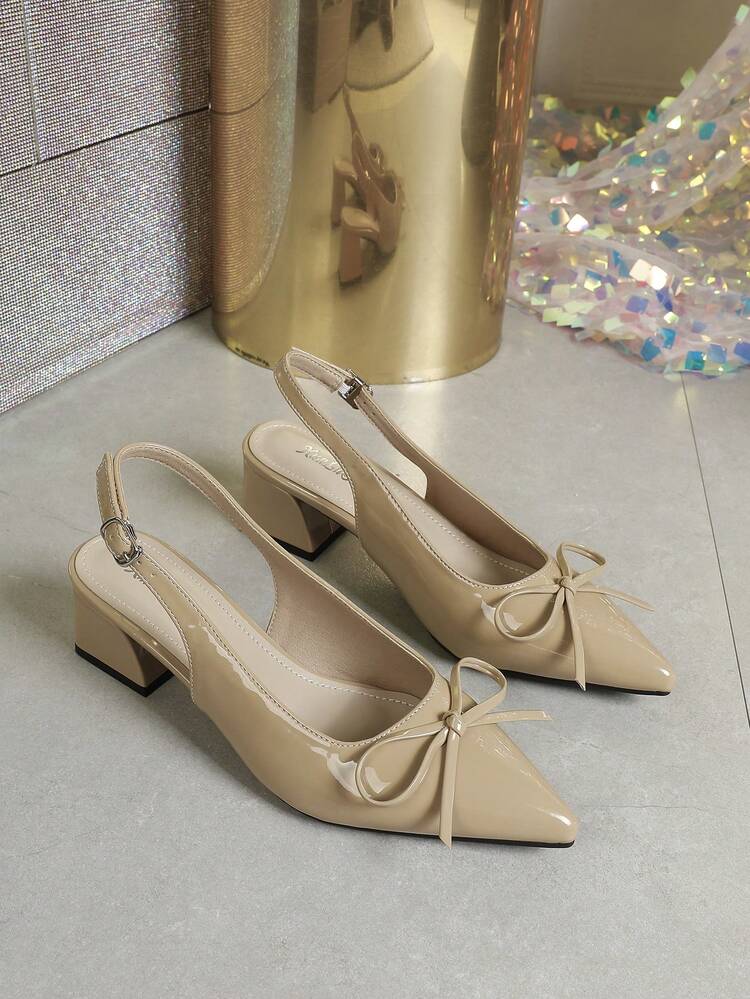 女士优雅夏季裸色蝴蝶结高跟凉鞋，尖头，漆皮，包头穆勒鞋，简约粗跟踝带高跟鞋 - 卡其色 - 查看 15