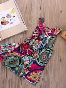 Vestido largo sin mangas con cuello redondo y estampado bohemio para niña pequeña - Verde - Ver 3