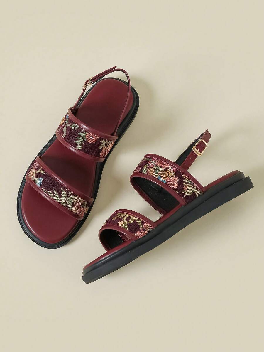 Women's Thick Sole Strap Buckle Sandals, Random Floral Print Bohemian Style Retro Peep Toe Comfortable Platform Wedge Shoes, Suitable For Summer Beach, Spring/Autumn, Plus Size 41-43